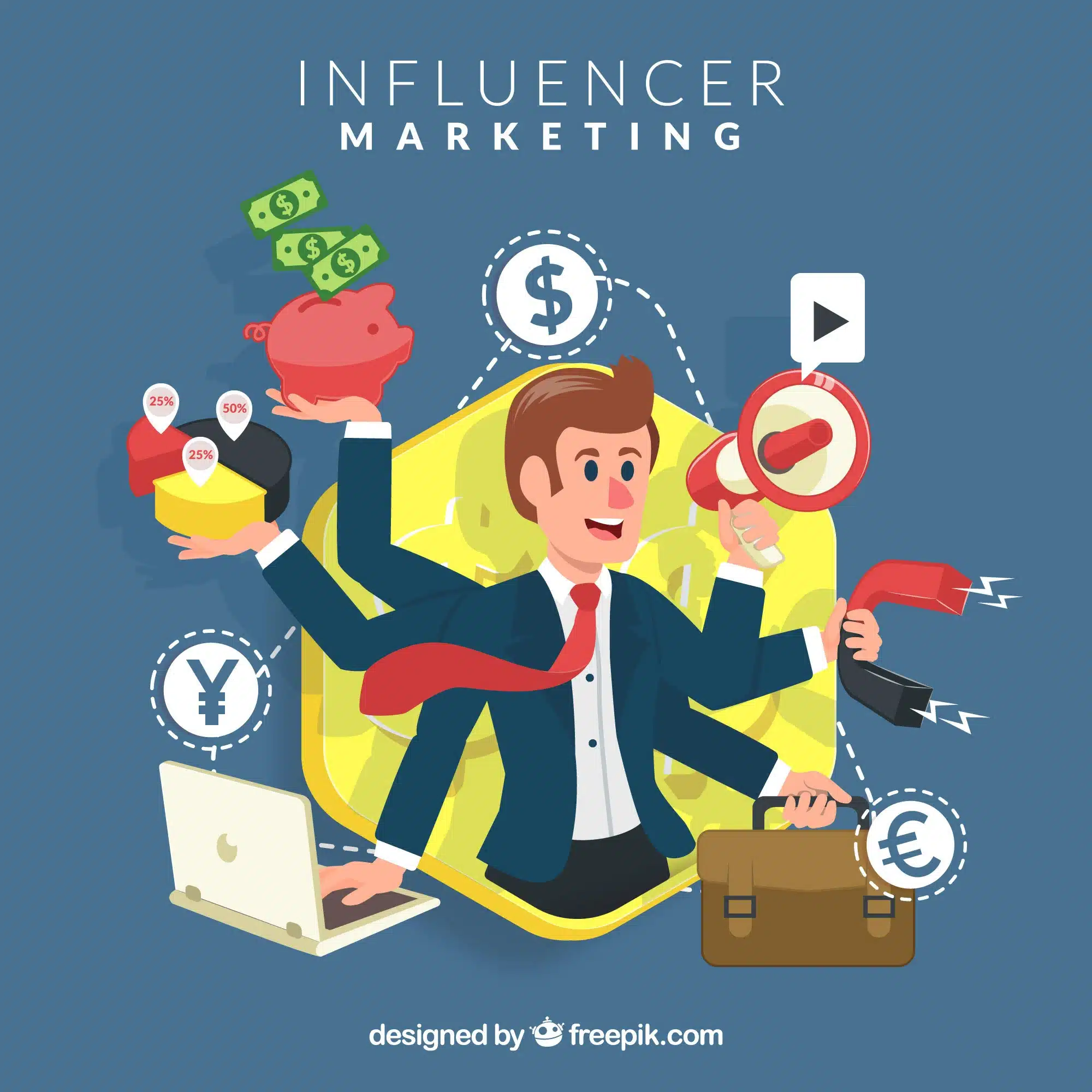 Illustrator conveying influencer marketing: a smiling businessman with multiple arms holding a megaphone, money, and a briefcase, with a laptop and currency symbols around him